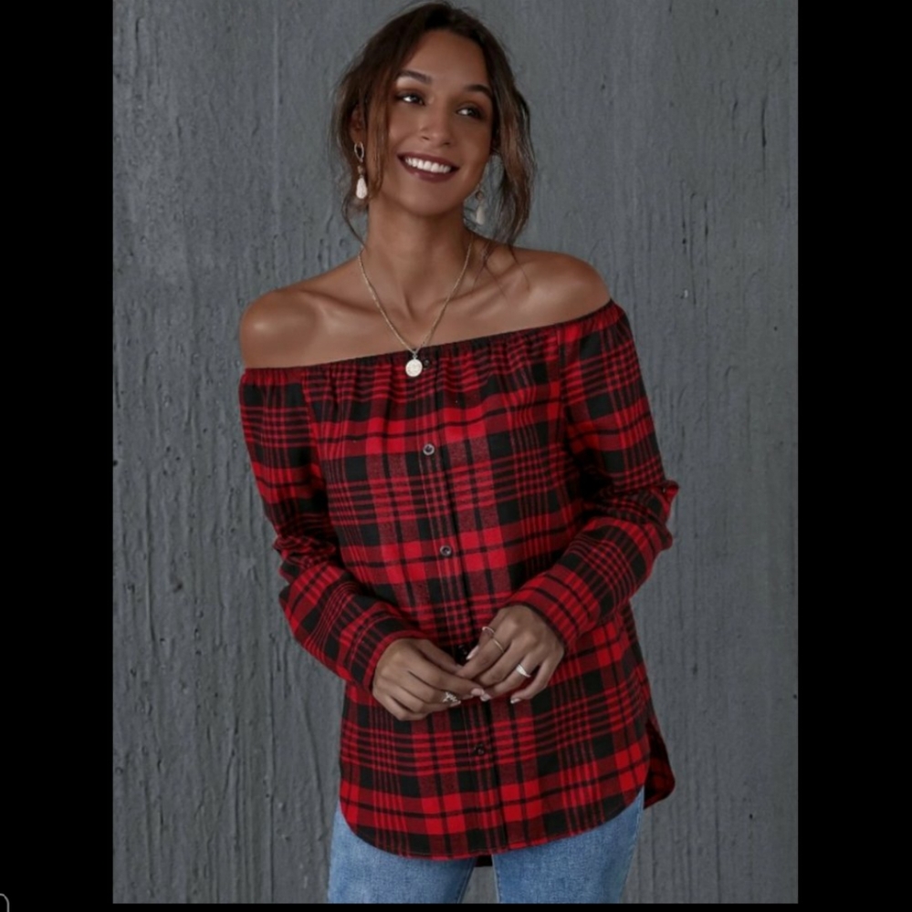 Button down cold shoulder Buffalo style plaid top